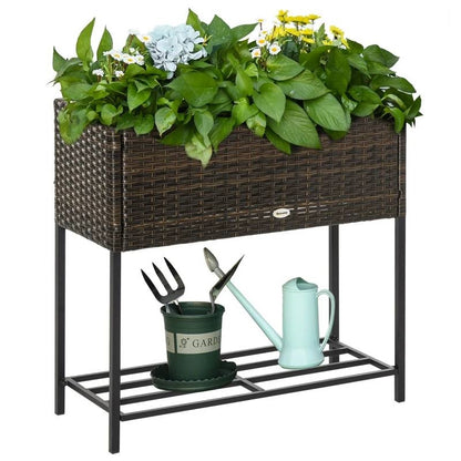 Brown Elevated Modern Rattan Wicker Raised Garden Planter Box