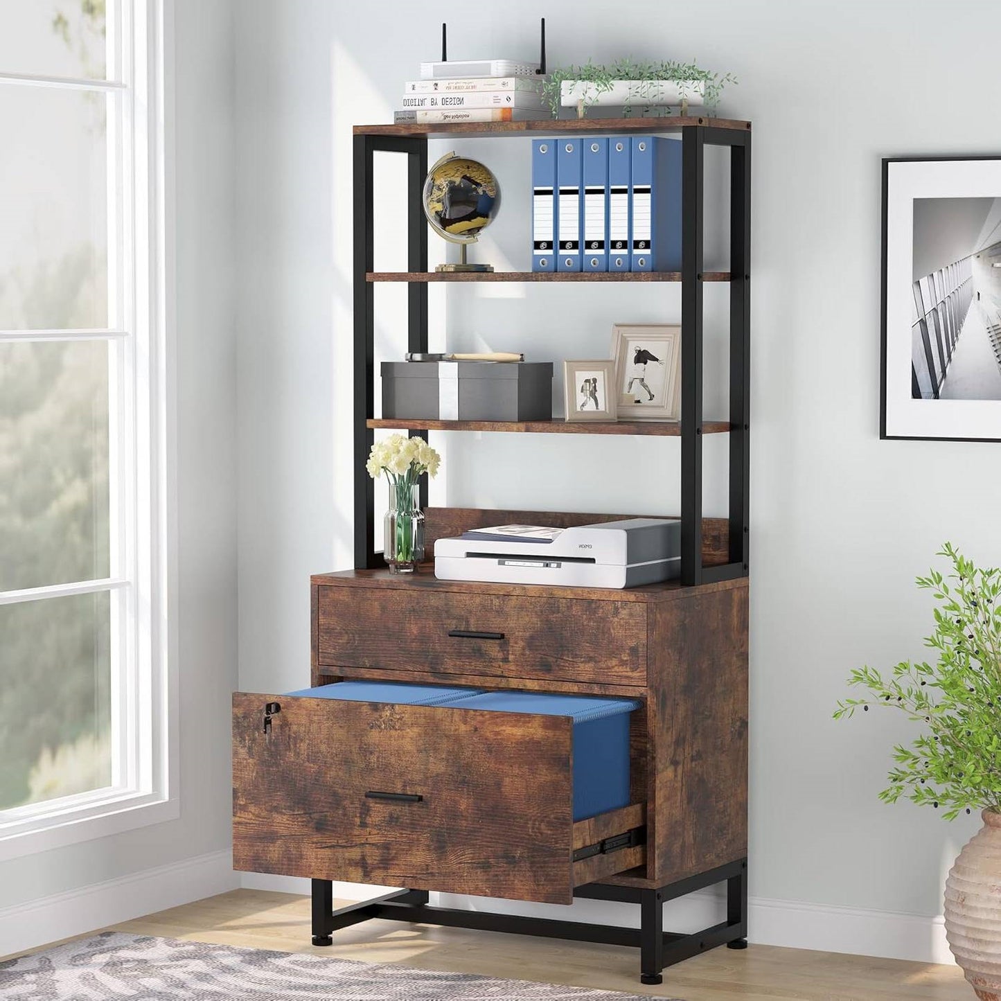 2 Drawer Office Lockable Filing Cabinet Bookshelf with Open Shelves, Brown