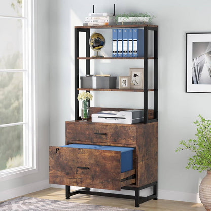 2 Drawer Office Lockable Filing Cabinet Bookshelf with Open Shelves, Brown