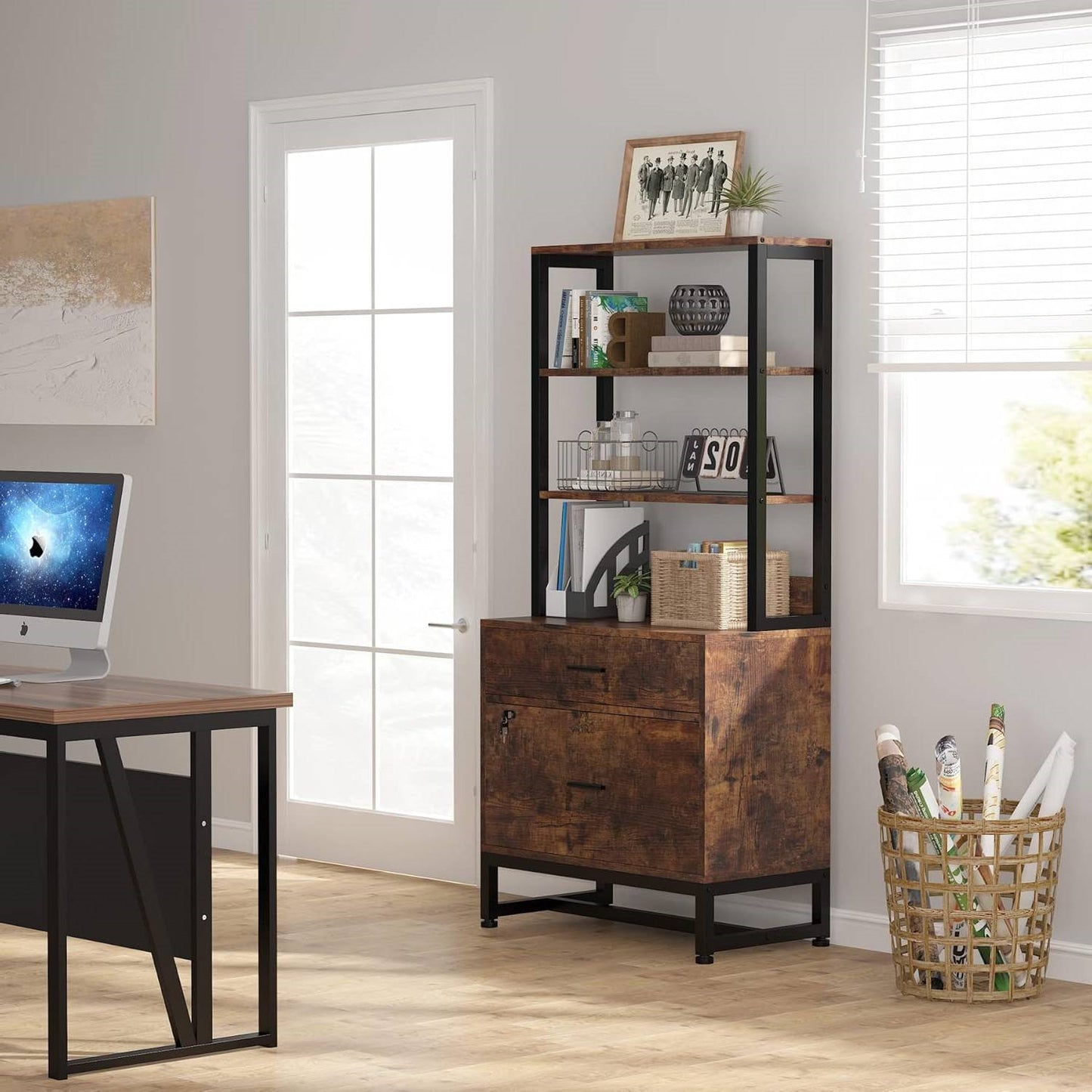 2 Drawer Office Lockable Filing Cabinet Bookshelf with Open Shelves, Brown