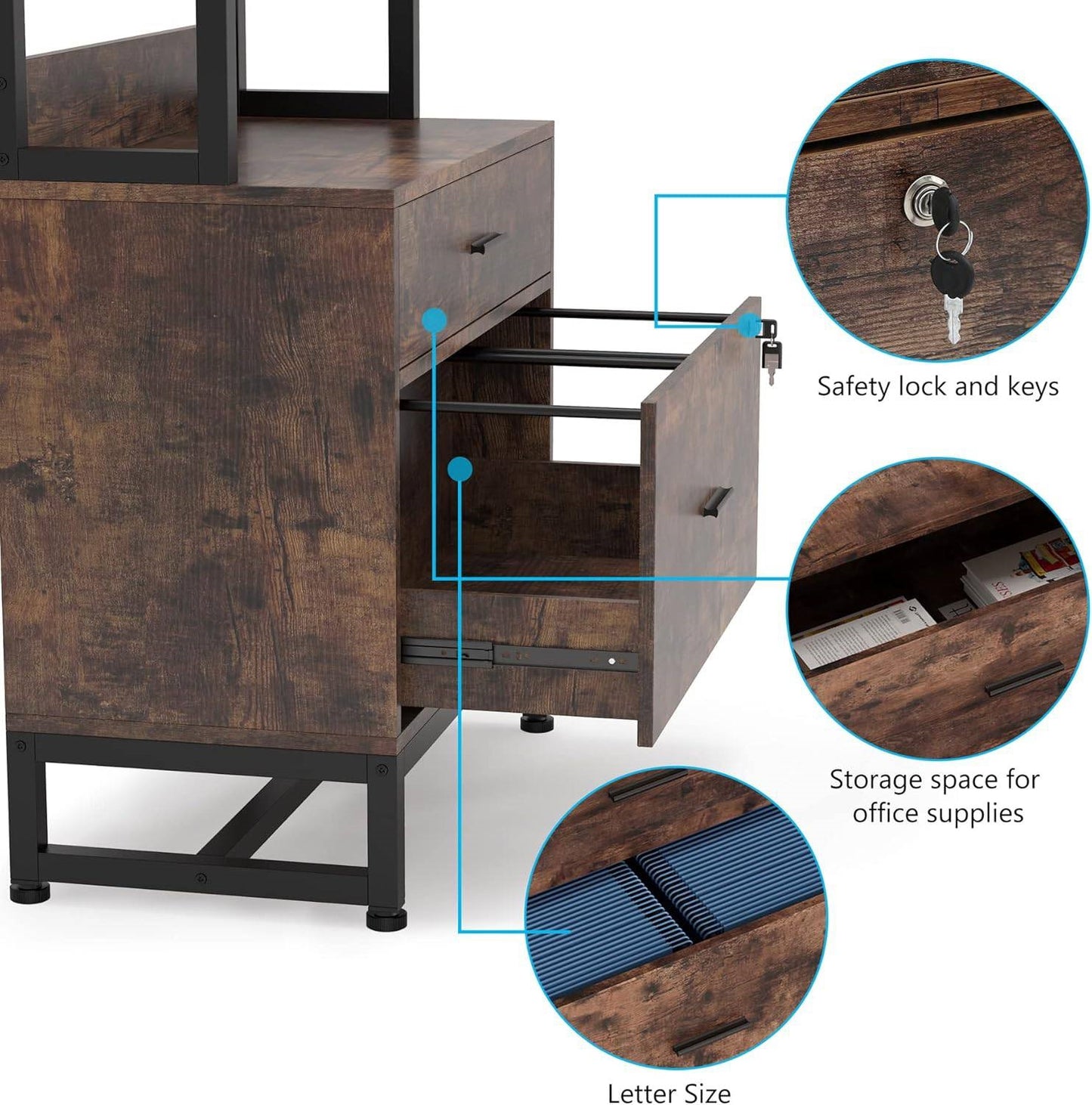2 Drawer Office Lockable Filing Cabinet Bookshelf with Open Shelves, Brown