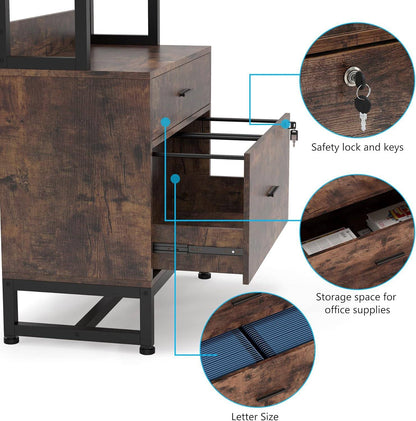 2 Drawer Office Lockable Filing Cabinet Bookshelf with Open Shelves, Brown