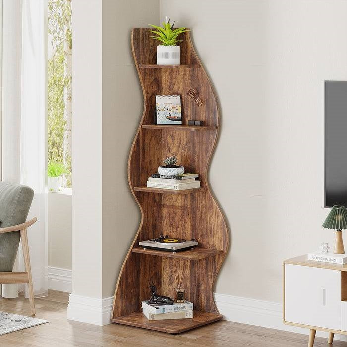 Modern Whimsical 5 Shelf Corner Bookcase Stand Brown Wood Finish