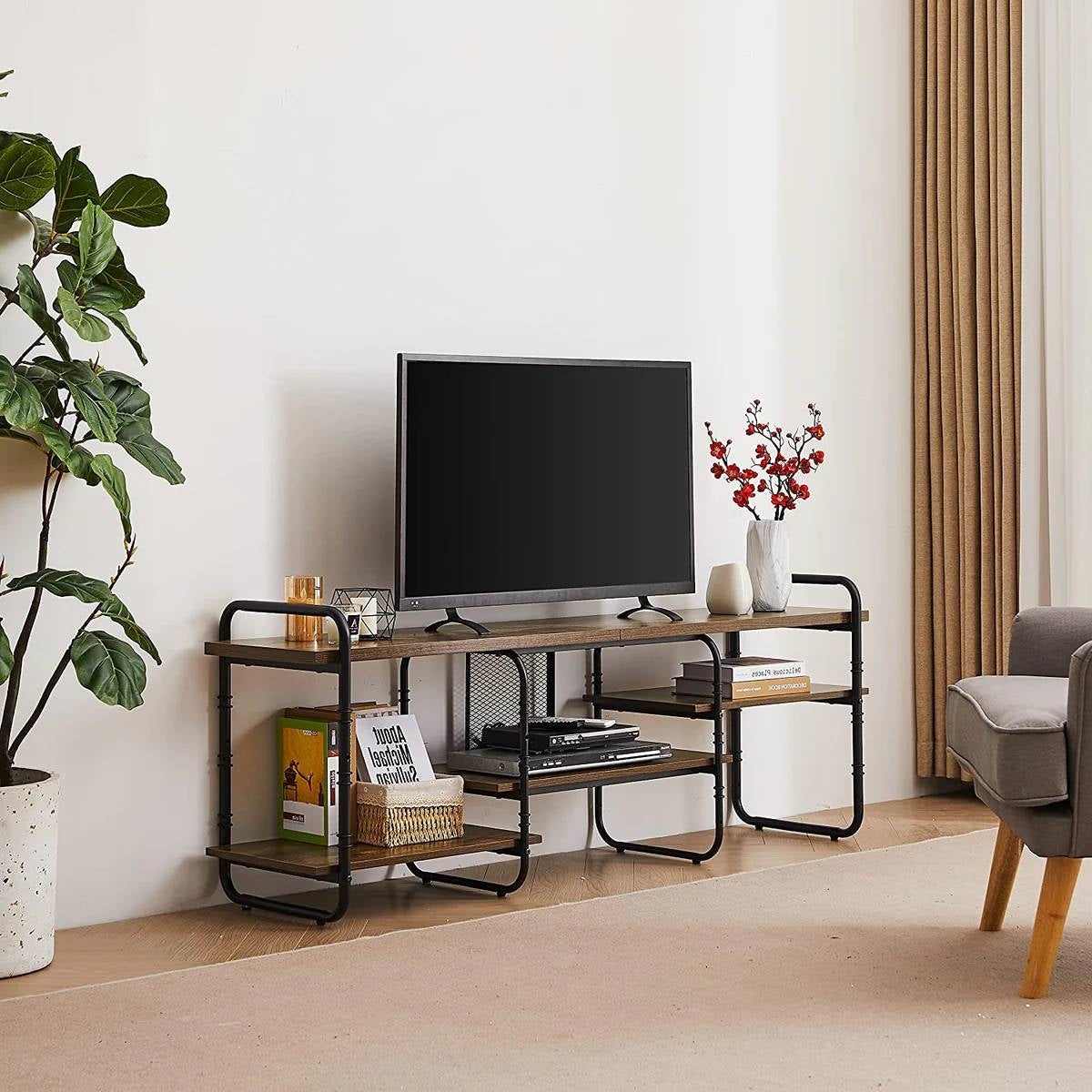 Modern Industrial Metal Wood Entertainment Center TV Stand for TV up to 60-inch