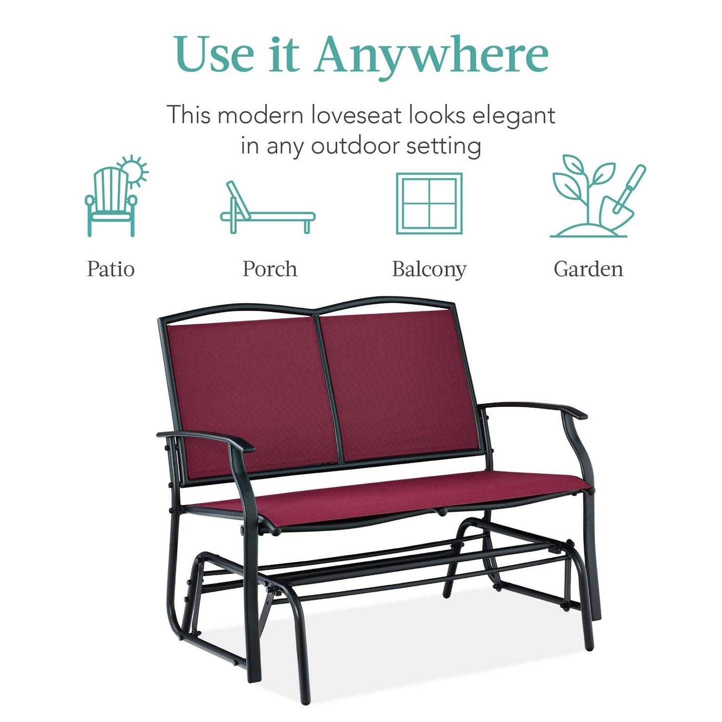 2 Seater Mesh Patio Loveseat Swing Glider Rocker with Armrests in Burgundy