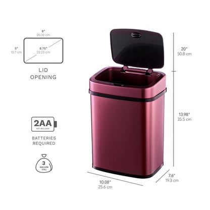 Small 3-Gallon Motion Sensor Touchless Stainless Steel Trash Can Burgundy