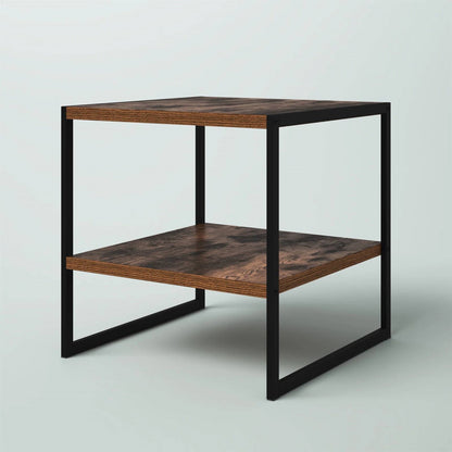 Industrial Modern Black Metal Brown Wood Top Nightstand End Table with Shelf