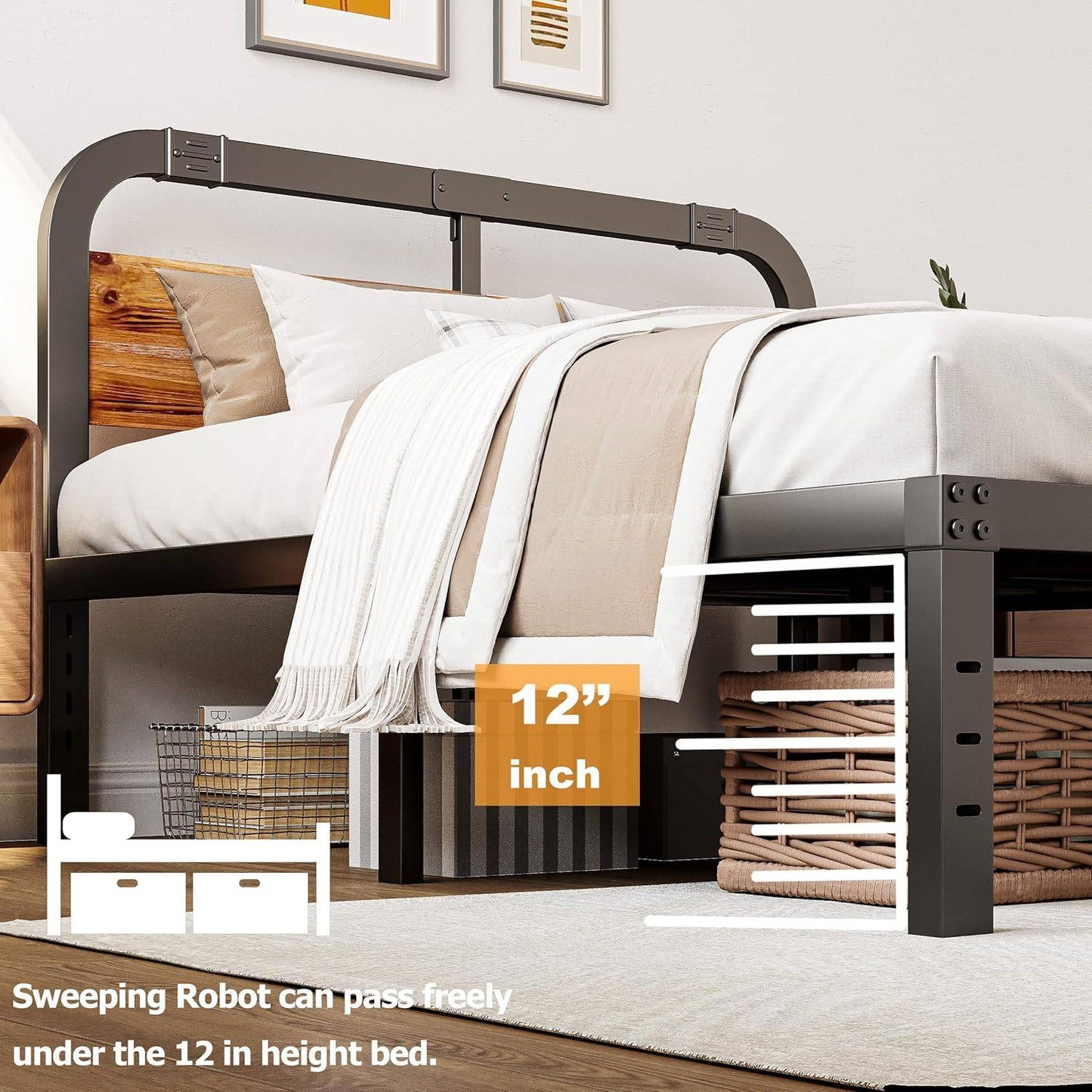 California King Heavy Duty Black Metal Bed Frame with Wood Panel Headboard