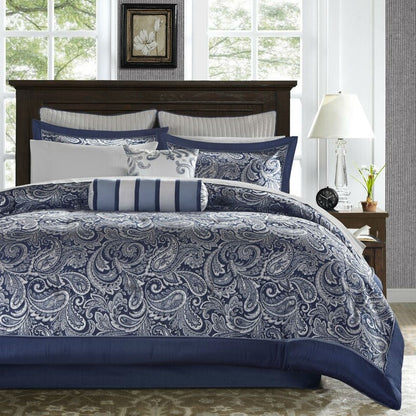 California King 12-piece Reversible Comforter Set in Navy Blue and White
