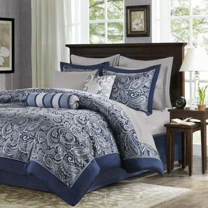California King 12-piece Reversible Comforter Set in Navy Blue and White