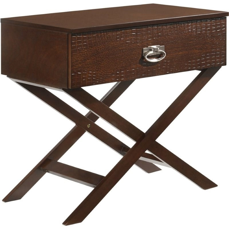 Cappuccino Brown Wood 1-Textured Drawer End Table Nightstand with X Legs