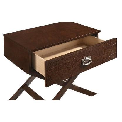 Cappuccino Brown Wood 1-Textured Drawer End Table Nightstand with X Legs