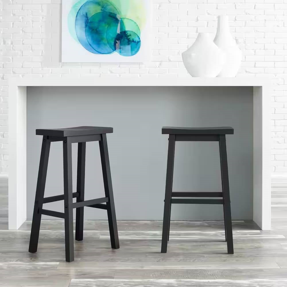 Set of 2 Farmhouse Bar Height Saddle Seat Barstools in Charcoal Black Wood Finish