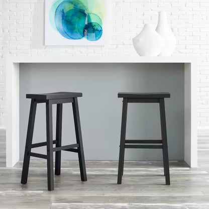 Set of 2 Farmhouse Bar Height Saddle Seat Barstools in Charcoal Black Wood Finish