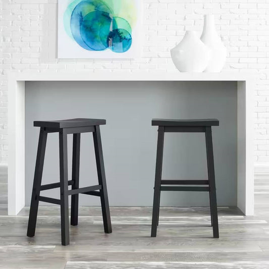 Set of 2 Farmhouse Bar Height Saddle Seat Barstools in Charcoal Black Wood Finish