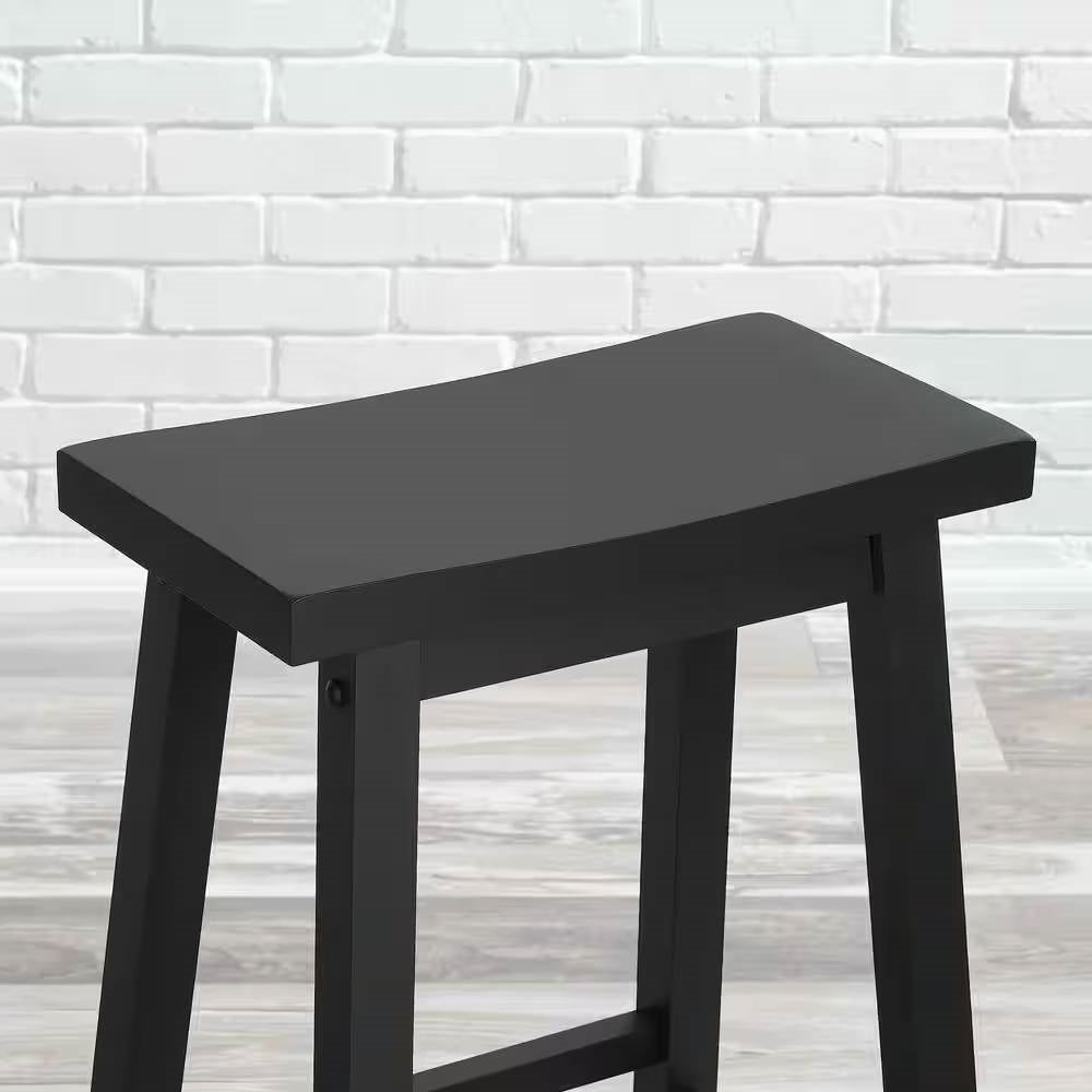 Set of 2 Farmhouse Bar Height Saddle Seat Barstools in Charcoal Black Wood Finish