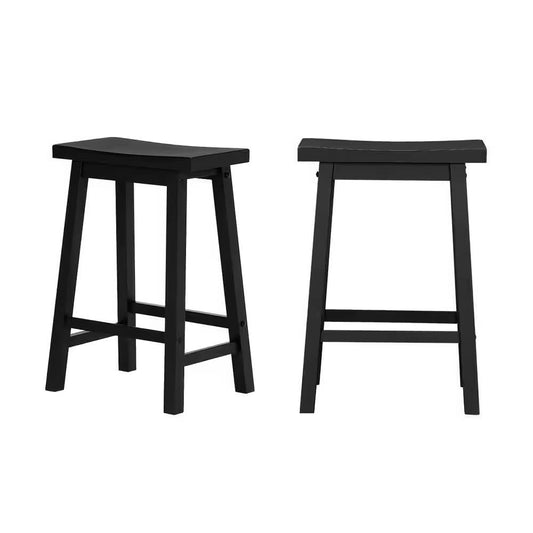 Set of 2 Farmhouse Counter Height Saddle Bar Stools in Charcoal Black Wood Finish