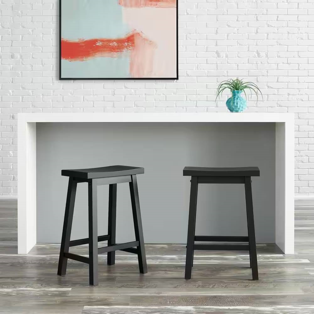 Set of 2 Farmhouse Counter Height Saddle Bar Stools in Charcoal Black Wood Finish
