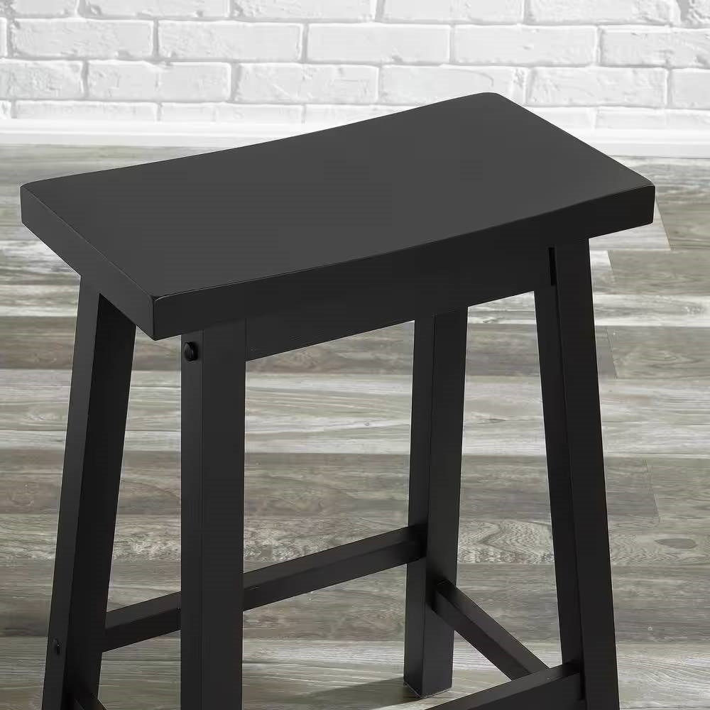 Set of 2 Farmhouse Counter Height Saddle Bar Stools in Charcoal Black Wood Finish
