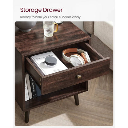 Mid-Century Modern 1-Drawer Nightstand End Table in Dark Brown Wood Finish
