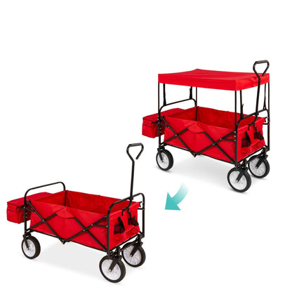 Collapsible Utility Wagon Cart Indoor/Outdoor w/ Canopy - Red