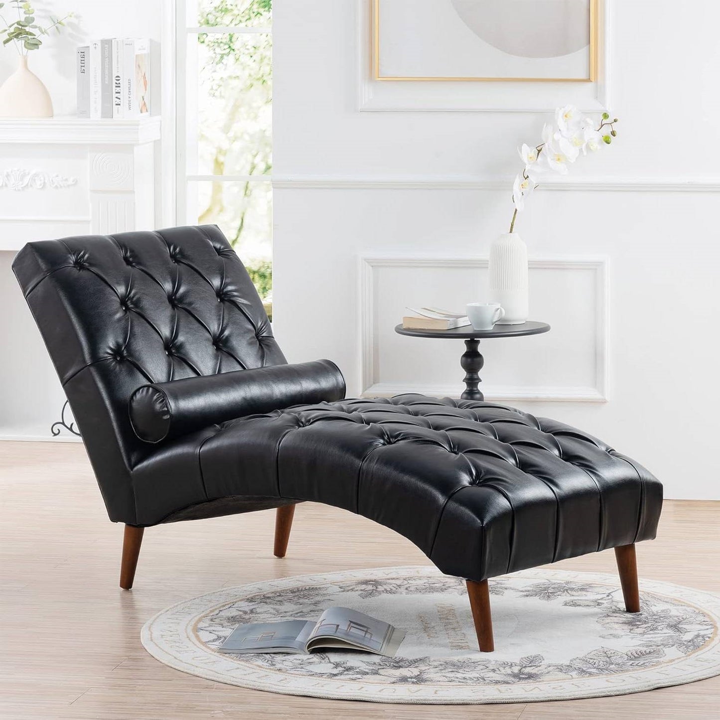 Black PU Leather Upholstered Tufted Armless Lumbar Pillow Included Chaise Lounger