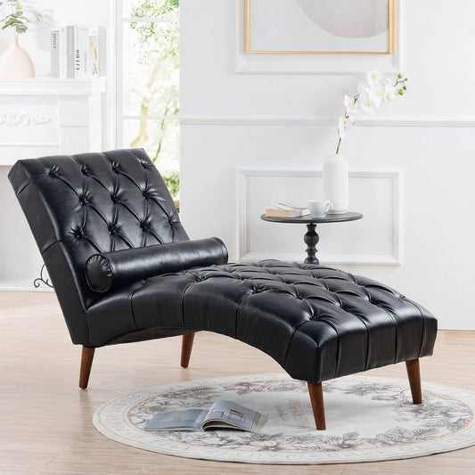 Black PU Leather Upholstered Tufted Armless Lumbar Pillow Included Chaise Lounger
