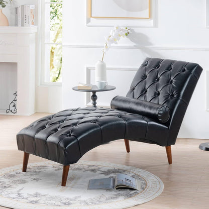 Black PU Leather Upholstered Tufted Armless Lumbar Pillow Included Chaise Lounger