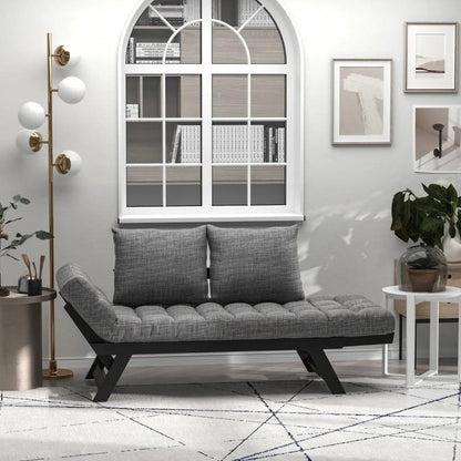 Charcoal/Black 3 In 1 Convertible Sofa Chaise Lounger Bed w/ 2 Large Pillows