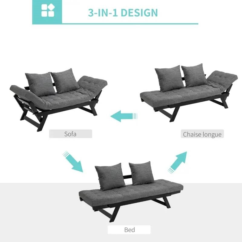 Charcoal/Black 3 In 1 Convertible Sofa Chaise Lounger Bed w/ 2 Large Pillows