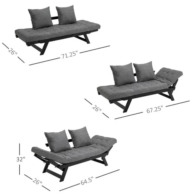 Charcoal/Black 3 In 1 Convertible Sofa Chaise Lounger Bed w/ 2 Large Pillows