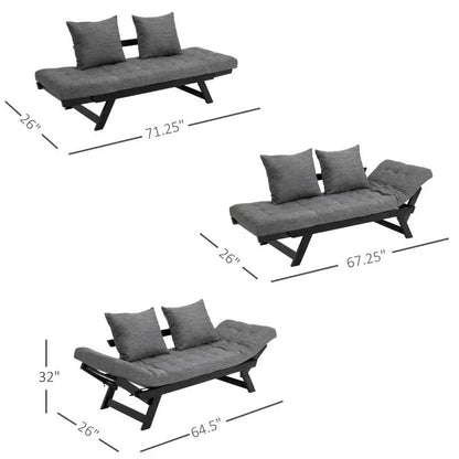 Charcoal/Black 3 In 1 Convertible Sofa Chaise Lounger Bed w/ 2 Large Pillows