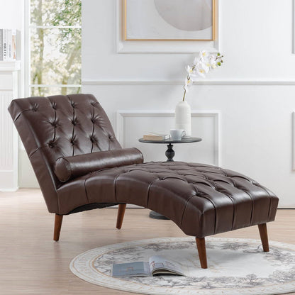 Brown PU Leather Upholstered Tufted Armless Lumbar Pillow Included Chaise Lounger