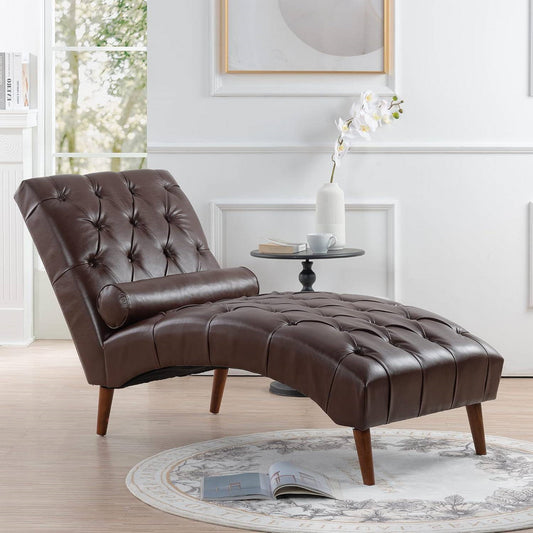 Brown PU Leather Upholstered Tufted Armless Lumbar Pillow Included Chaise Lounger