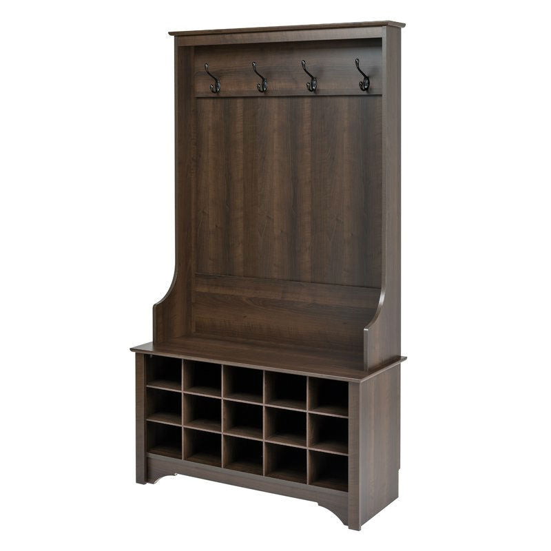 Dark Brown Espresso Entryway Hall Tree Shoe Cubbie Coat Rack