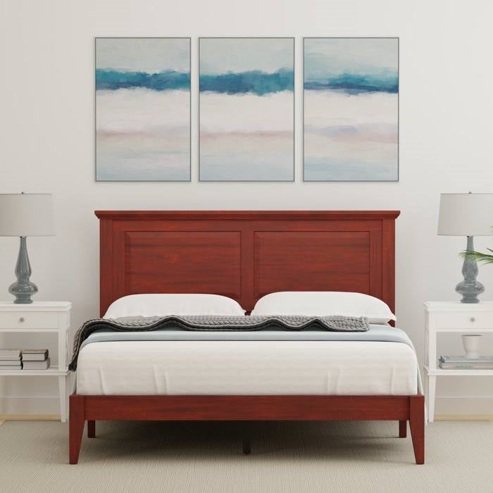 Queen Size Retro Solid Oak Wooden Platform Bed in Cherry