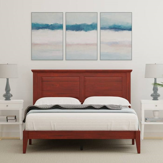 Queen Size Retro Solid Oak Wooden Platform Bed in Cherry