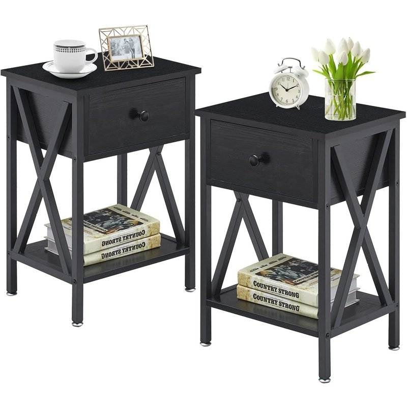 Rustic 1 Drawer Black Nightstand - Set of 2