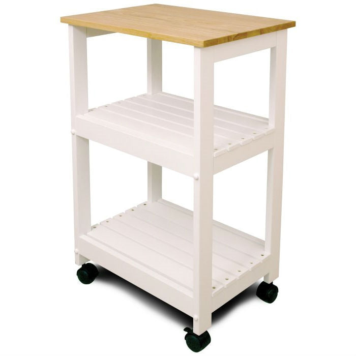 White Kitchen Microwave Cart with Butcher Block Top &amp; Locking Casters
