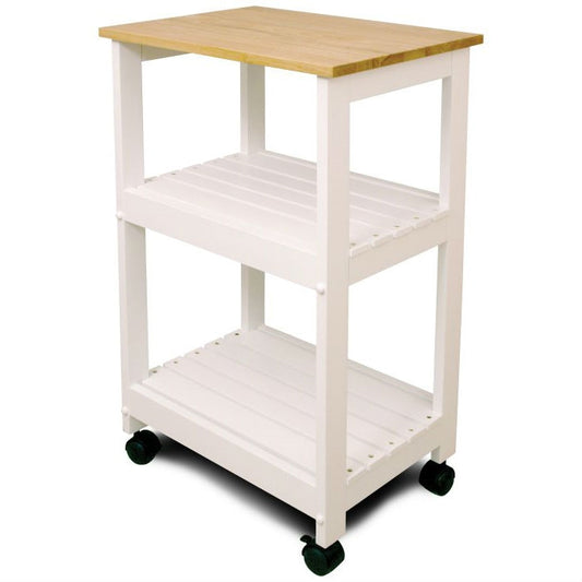 White Kitchen Microwave Cart with Butcher Block Top &amp; Locking Casters