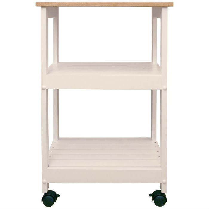 White Kitchen Microwave Cart with Butcher Block Top &amp; Locking Casters