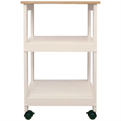 White Kitchen Microwave Cart with Butcher Block Top &amp; Locking Casters