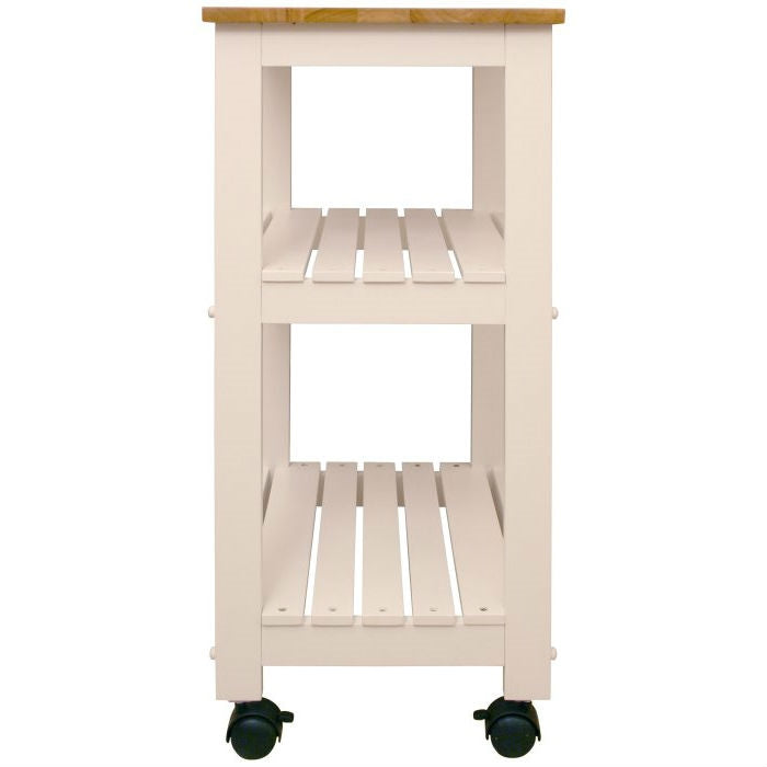 White Kitchen Microwave Cart with Butcher Block Top &amp; Locking Casters