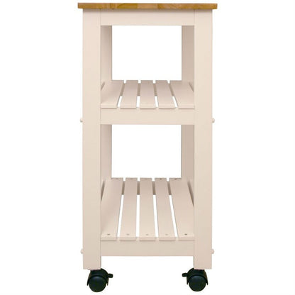 White Kitchen Microwave Cart with Butcher Block Top &amp; Locking Casters