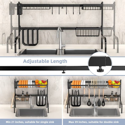 2 Tier Black Steel Adjustable Over Sink Dish Drying Rack