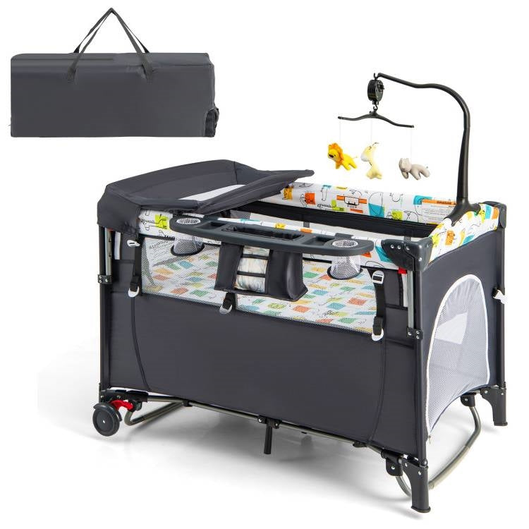 Grey Foldable Baby/Toddler Playpen Bassinet Bed Crib Music Box