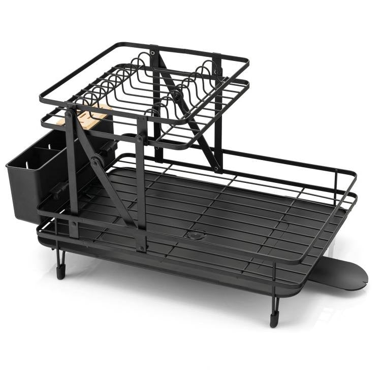 2 Tier Black Foldable Dish Rack Removable Drip Tray