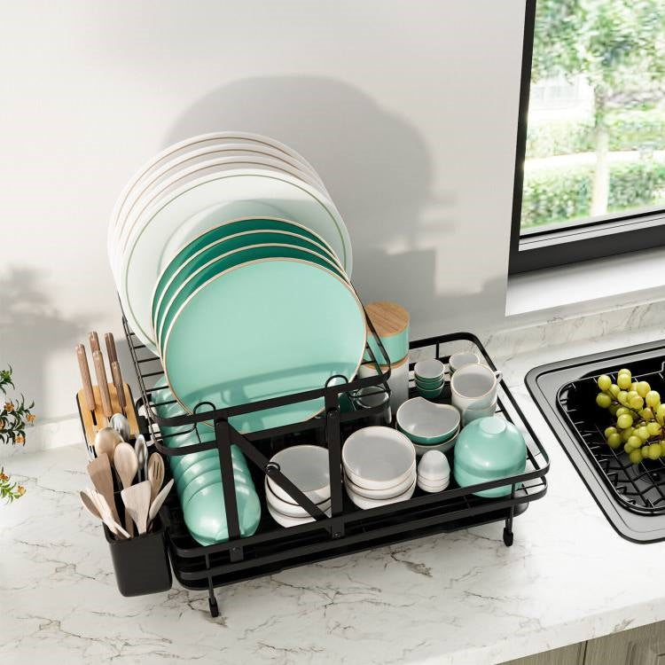 2 Tier Black Foldable Dish Rack Removable Drip Tray