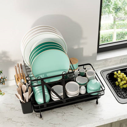 2 Tier Black Foldable Dish Rack Removable Drip Tray