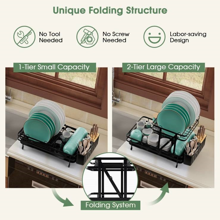 2 Tier Black Foldable Dish Rack Removable Drip Tray